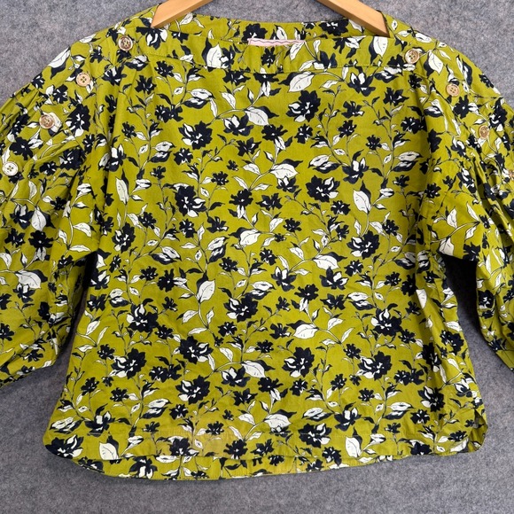 BURU Floral Cropped Button Sleeve Blouse Womens XS Lime Green Silhouette - Picture 3 of 13
